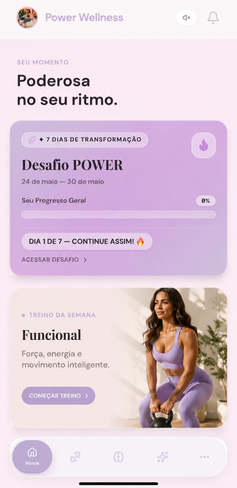 Tela de dashboard do app com saudação, desafio Power e treino funcional