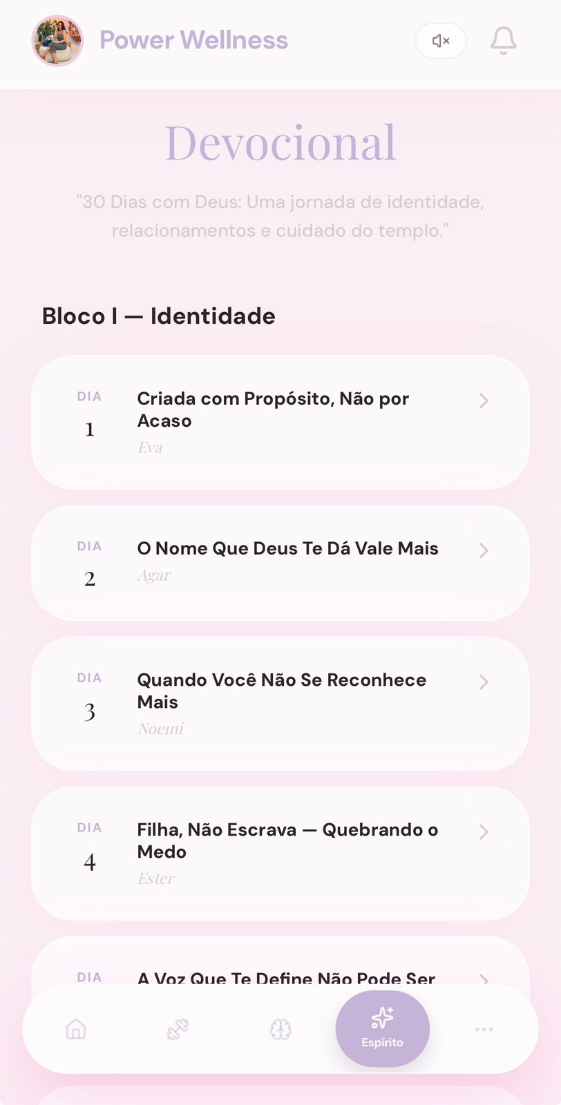 Tela do módulo Devocional com a lista de dias e personagens bíblicos