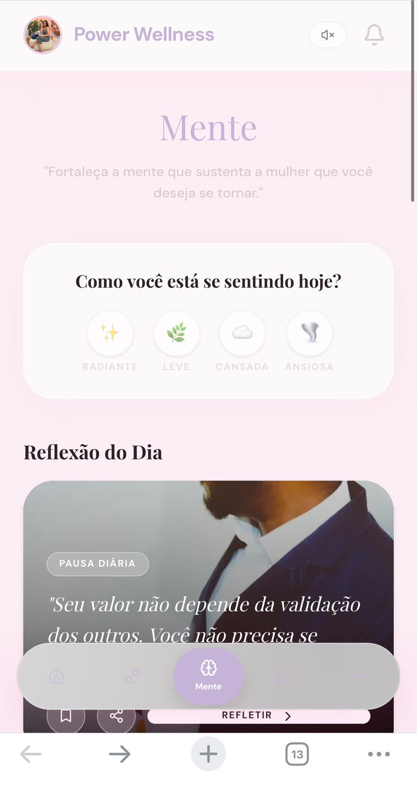 Tela do módulo Mente com check-in emocional e reflexão do dia